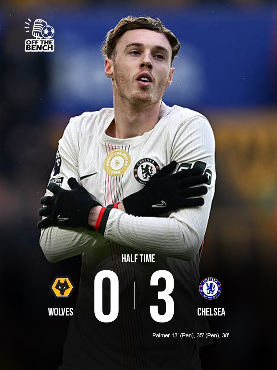 Off__thebench's tweet photo. ⚽️ Premier League — Half Time
🐺 Wolves 0–3 Chelsea 🔵
🎩 Cole Palmer hat-trick — all three goals before the break
Chelsea in complete control at Molineux. 💥🔥
#WolvesChelsea #PremierLeague #ChelseaFC #ColePalmer #HatTrick #CFC #PL https://t.co/kKSaFNjJFR