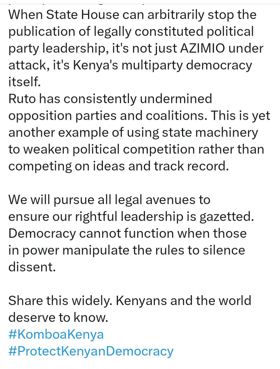 I am bemused by the  official instructions to the Government Printer to withhold the publication of the Notice of the Changes in Azimio Leadership. It is an act out of ignorance of the law. The 14 days notice period for the changes to become effective continue to run even if the