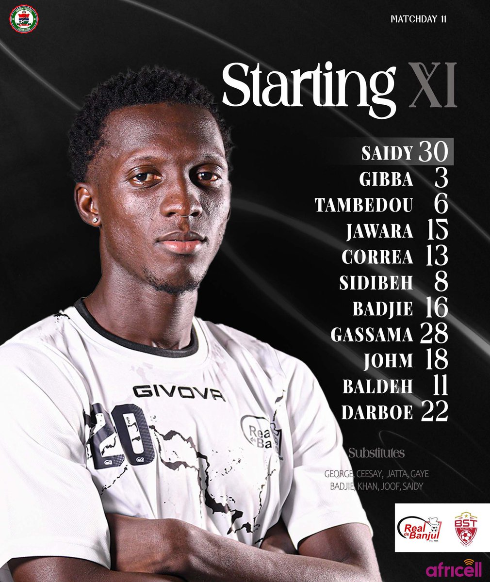 RealDeBanjulFC's tweet photo. 𝗧𝗘𝗔𝗠 𝗡𝗘𝗪𝗦: This is how we lineup to host BST Galaxy in matchday-eleven of the GFF League season 2025/26 season #COYW 🤍💪🏽!

#rdbbst #gffleague #lydsa #cityboys #africell https://t.co/ICCLWW9CjE