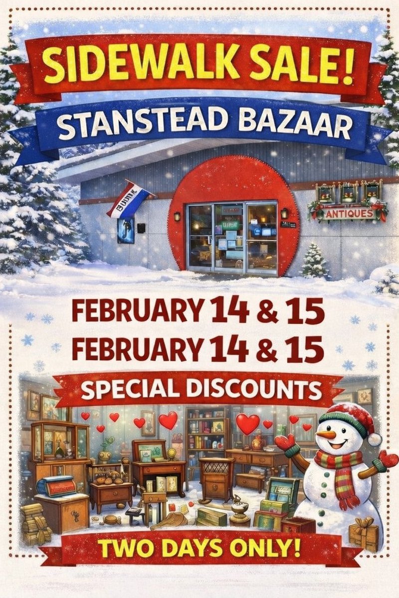 🚨Vente trottoir du Bazar 14-15 fev🚨
🧚‍♀️Antiquités🧚‍♀️Vintage🧚‍♀️Artisans🧚‍♀️
      14 Notre-Dame O., Stanstead Qc
#vintage #antique #40booths #Estrie
OUVERT tous les week-ends 10-16h