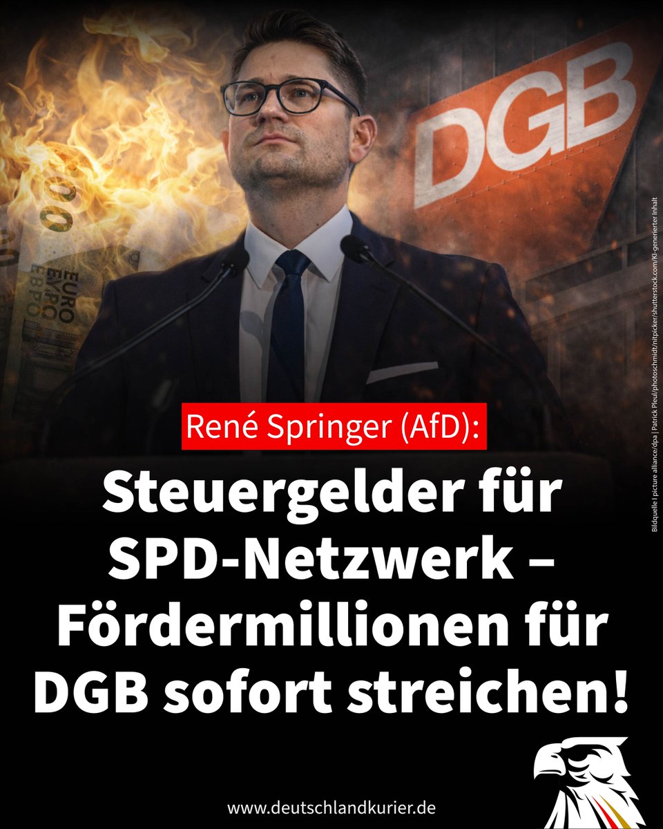 Deu_Kurier's tweet image. René Springer (AfD): Steuergelder für SPD-Netzwerk – Fördermillionen für DGB sofort streichen!

Der Deutsche Gewerkschaftsbund (DGB) hat seit dem Jahr 2010 rund 614 Millionen Euro an Fördermitteln vom Bund – sprich: Steuerzahler –  erhalten. Allein im Jahr 2024 flossen über 50…