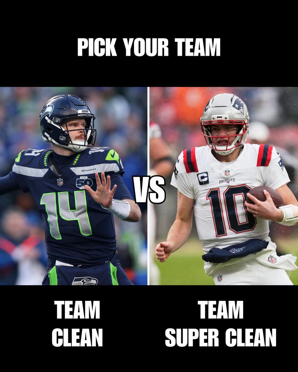 washtub's tweet photo. Pick your team before kickoff 👇 

#TeamClean #TeamSuperClean #Superbowl #NewEnglandPatriots #SeattleSeahawks #BadBunny https://t.co/n79upefpLa