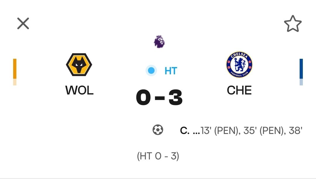 HT at Molineux Stadium 

WOL 0-3 Chelsea 

Cole Palmer with a half-time hatrick

Come on you Blues.

#Chelsea #Enzo #Palmer