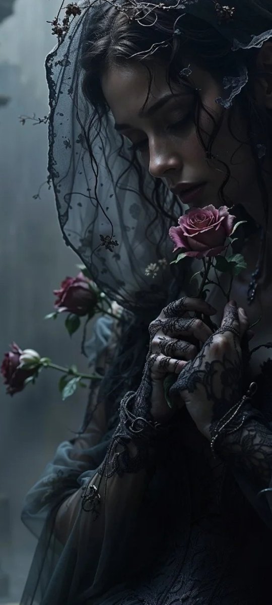 In shadows draped, a silent vow,
Lace-bound hands and clouded brow.
A velvet rose, a crimson tear,
For love that lingers, cold and near.
Beneath the veil, a quiet grief,
As fragile as the autumn leaf—
Beauty caught in winter’s breath,
A waltz between the heart and death.
#vss365