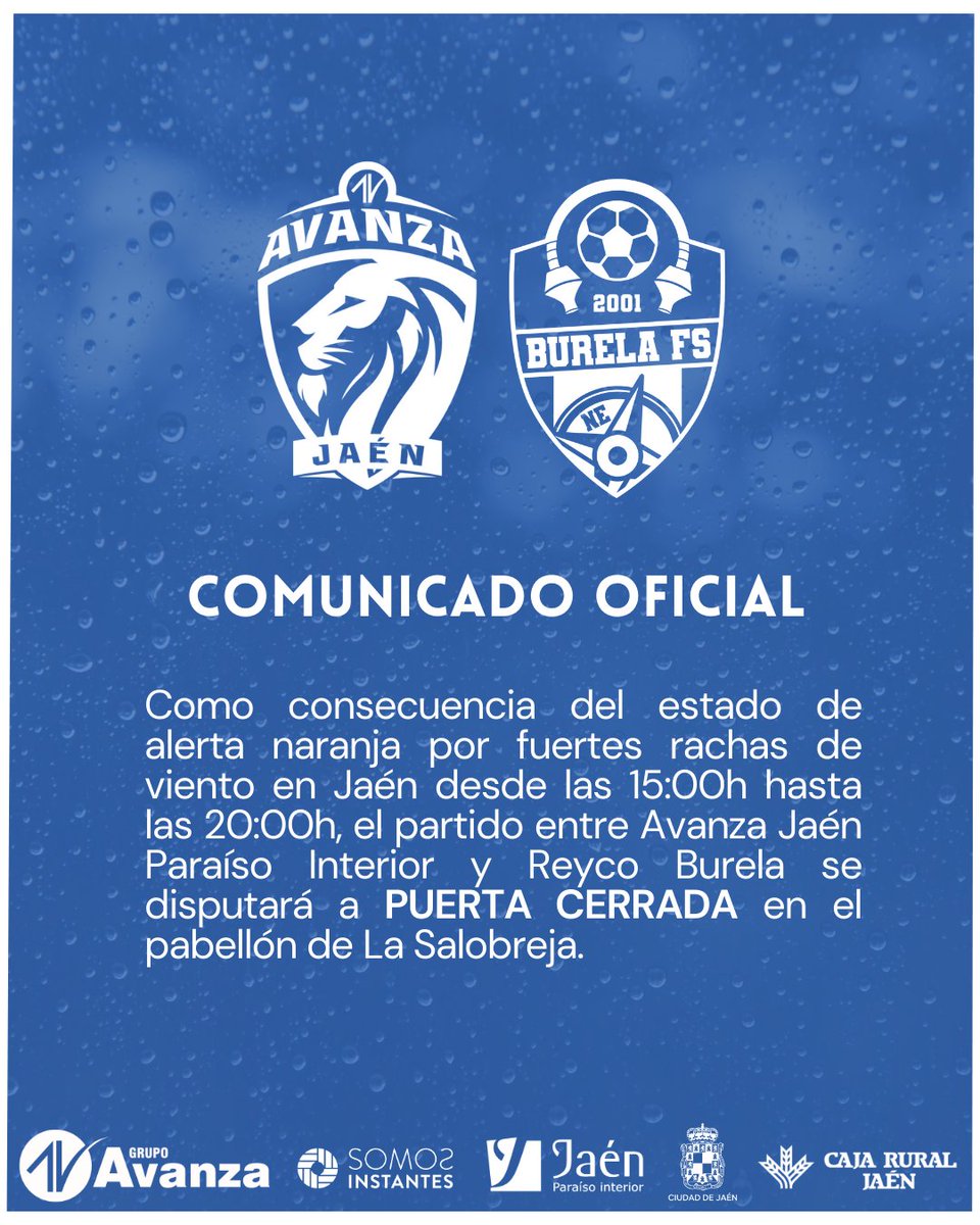 🦁 La jornada 18 de Segunda División se disputará en el Pabellón de La Salobreja, pero, en esta ocasión, a 𝙥𝙪𝙚𝙧𝙩𝙖 𝙘𝙚𝙧𝙧𝙖𝙙𝙖.

La ciudad está en alerta naranja por fuertes vientos, hasta las 20h, donde se prevén rachas de más de 90 km/h.

#CorazónyGarra💙