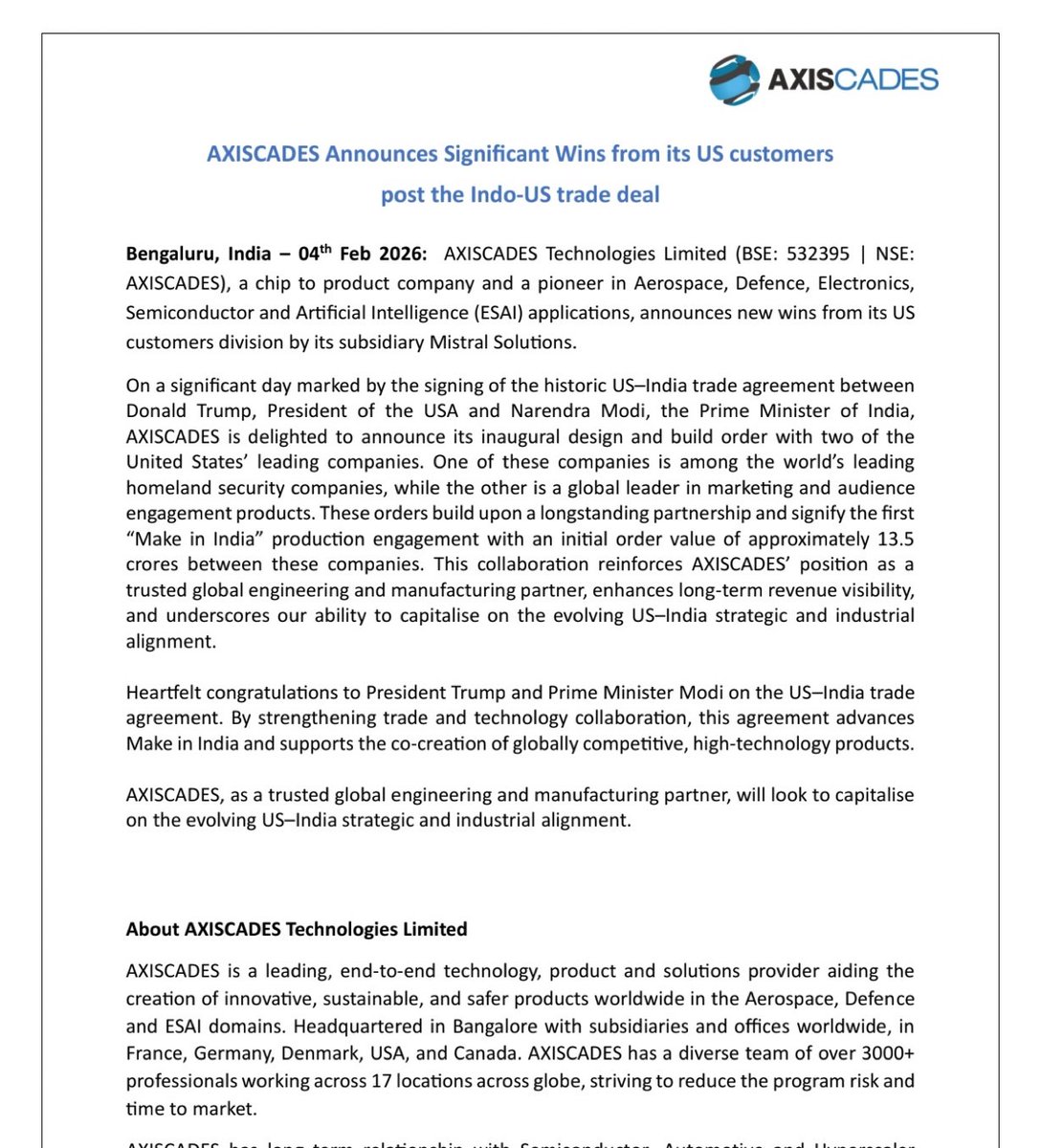 SiddharthP20119's tweet photo. Axiscades 

Axiscades announced significant wins from its US customer Post the indo US Trade deal 

#Axiscade https://t.co/5Qh0FynuvL