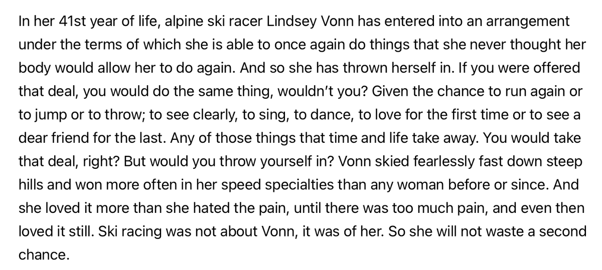 Wrote this about Lindsey Vonn 360 days ago, as her comeback was just picking up steam. Would not change a word today, even with -- or because of? -- the ACL rupture.