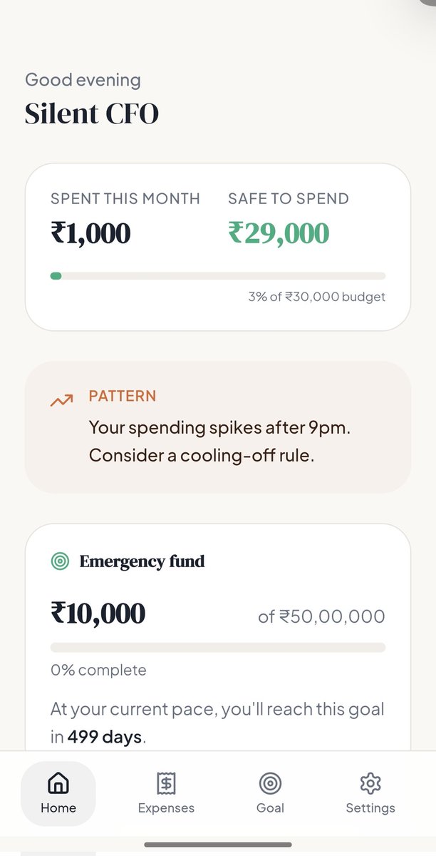 SilentDev_'s tweet photo. I'm cooking up something "app-etizing" for your finances! . Meet Silent CFO, the web app that’s all about chill spending, no guilt trips, and clear insights. Charts? Nah, we're keeping it low-key. Still in beta, but here are some sneak peeks! 🤫✨ #FintechFun https://t.co/HMvb4PDyzX