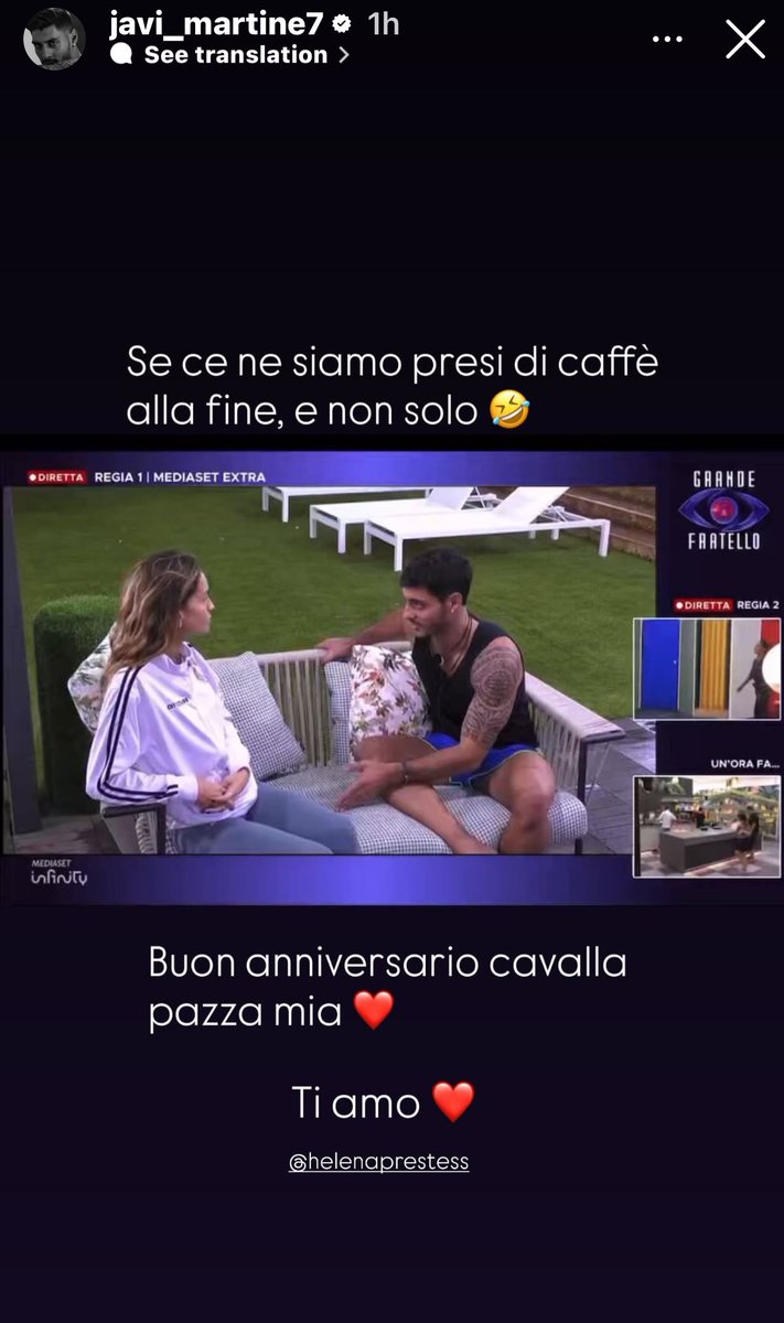 Per celebrare un anno insieme, Helena ha condiviso un testo parlando di amore, sostegno, scelte condivise e del sentirsi “a casa” accanto a Javier.
Anche Javier ha pubblicato uno story ricordando momenti vissuti e dedicando un messaggio affettuoso per l’occasione. #HelenaPrestes