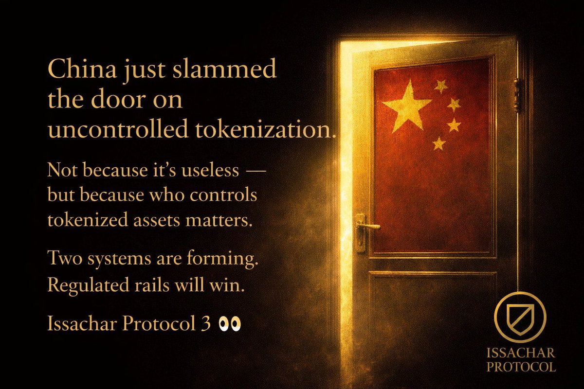IssacharProtoc's tweet photo. China just slammed the door on uncontrolled tokenization.

Not because it’s useless —
but because who controls tokenized assets matters.

Two systems are forming.
Regulated rails will win.

Issachar Protocol 3 👀 https://t.co/7M1lO7wcX2