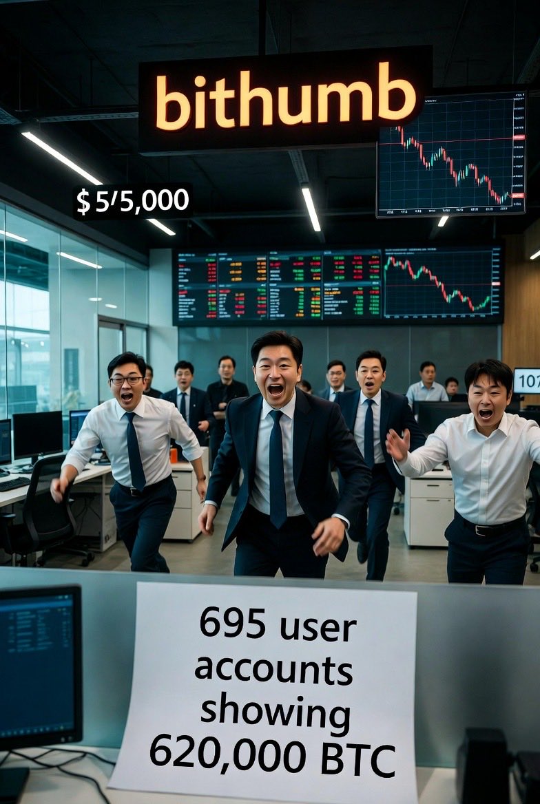 happycat668899's tweet image. 大瓜！韩国交易所误发62万枚比特币

2026年2月6日晚，韩国Bithumb交易所搞活动发小红包，本来每人该得2000韩元（大概1.4刀），结果员工手滑把单位写成BTC，直接给695个用户账户里记了2000枚BTC，总共62万枚，折合市值超400亿刀。

部分用户发现后立即卖出、提现，造成…