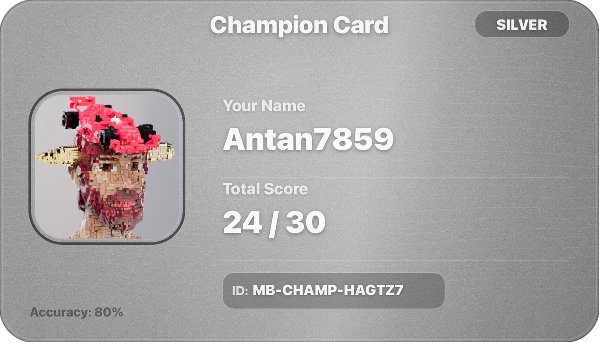 “One more challenge in <a href="/magicblock/">MagicBlock ✨⬜</a> “

The challenge has 3 topics with 10 questions for each:
-Music 
-Movies
-MagicBlock

I passed all 30Qs and my score is average and the cart is silver

Imho the challenge is quite interesting and high quality

Such a good job <a href="/markiian_sora/">Markiian</a>