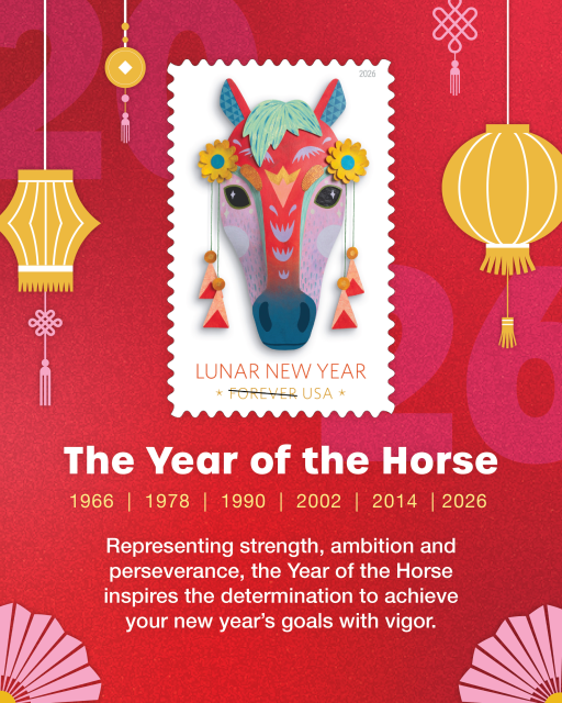 #USPS Celebrate #LunarNewYear with our #YearoftheHorse stamp🐎 A symbol of strength and perseverance, this stamp is the perfect way to start the year on a powerful note. Get yours and other stamp-inspired products today b.link/2youcmhs . . . #USPS #USPSEmployee
