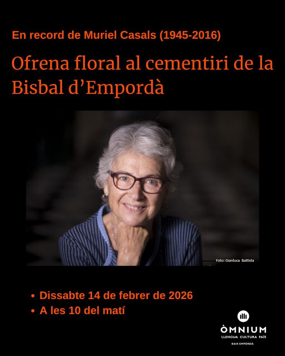 OmniumBaixEmp's tweet photo. Des @omniumBaixEmp mantenim viu el record de #MurielCasals en el 10è aniversari de la seva mort 
Passava estius i caps de de setmana a casa de Jaume Massaguer a @labisbalemporda al passeig que, des del 2021, porta el seu nom. Deia que era un lloc de reflexió, de pau i d'amistat🧡 https://t.co/AXNbFeIjIS