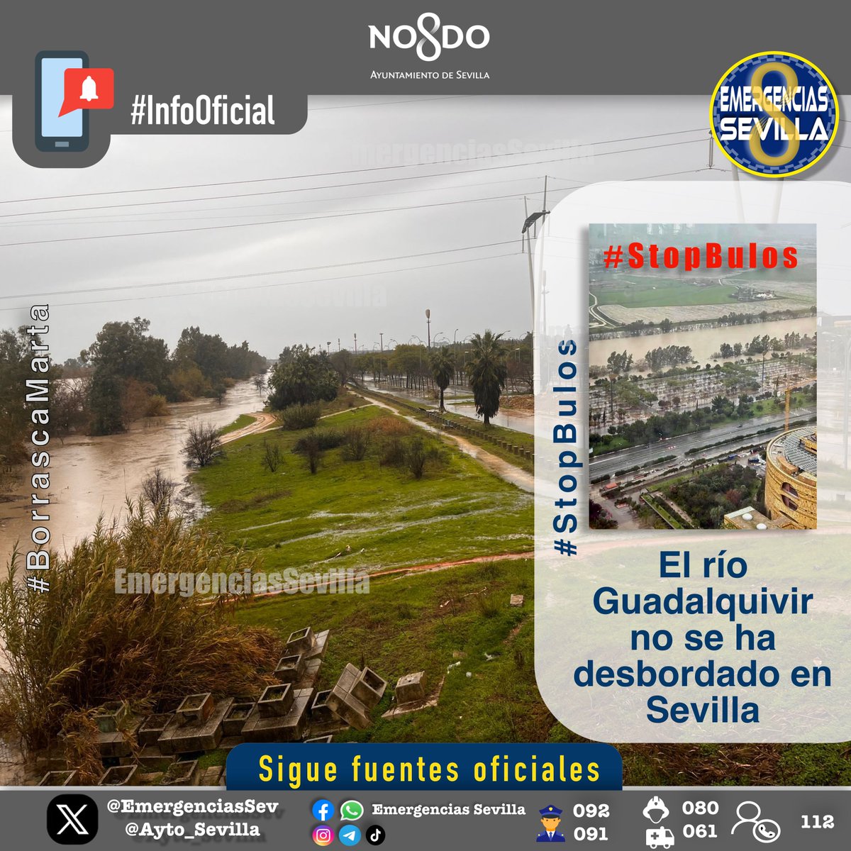 #StopBulos
Circula por redes sociales una imagen que informa sobre el desbordamiento en Sevilla del Guadalquivir.
❌Es falso
El cauce aún tiene bastante margen de crecida y no se espera que alcance niveles de riesgo. 
La zona de aparcamiento que se visualiza acumula agua de