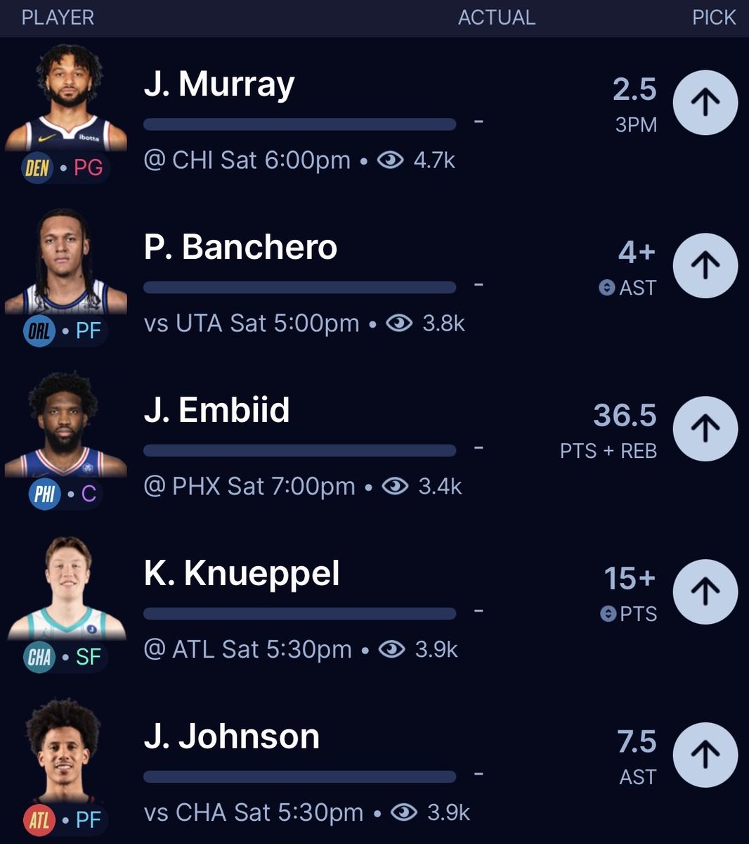 AnalyticsPicks's tweet photo. 🚀 +1200 NBA Saturday Parlay
NBA Parlay Betting Card (February 7th) 🏀

$50 TO A FOLLOWER WHO LIKES IF WE GO 5-0❤️

Jamal Murray O 2.5 Threes Made
Paolo Banchero O 3.5 Assists
Joel Embiid O 36.5 Points + Rebounds
Kon Knueppel O 14.5 Points
Jalen Johnson O 7.5 Assists

Everything lines up for a CLEAN 5/5 SWEEP tonight💰
