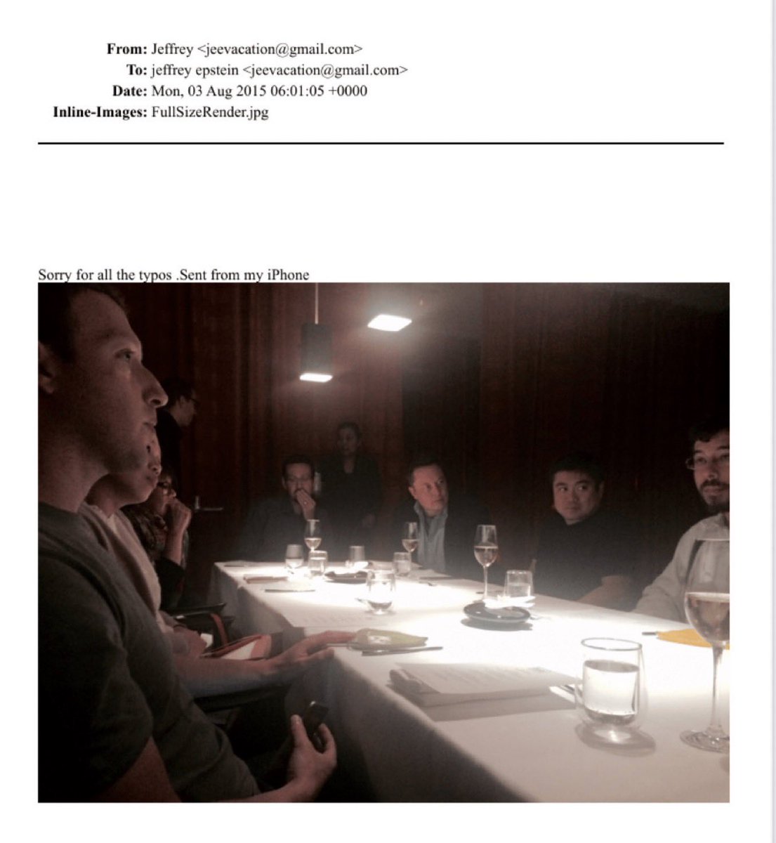 jimstewartson's tweet image. Jeffrey Epstein was sitting next to Mark Zuckerberg in a secret dinner meeting with Elon Musk, Peter Thiel &amp;amp; others on 8/3/15, six weeks after Trump announced.

A month earlier, Epstein introduced Thiel to his Russian handler Sergey Belyakov.

This is treason. 2016 was sabotage.