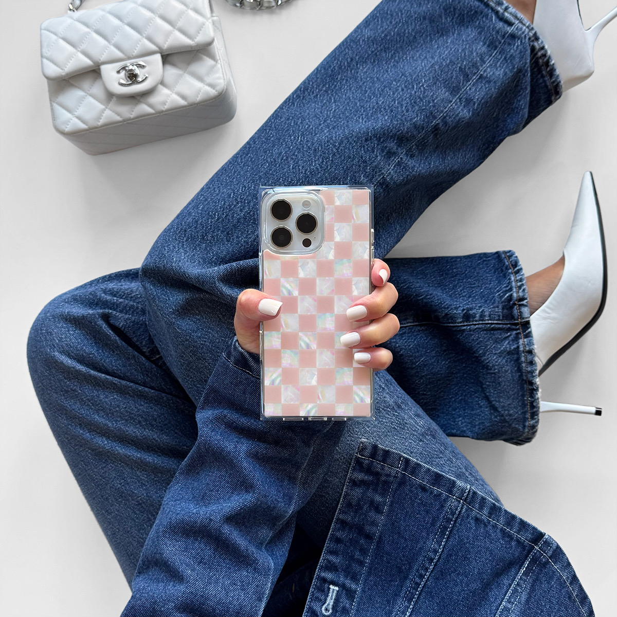 Keep it in check 🩷🤍 Protect in Style w/ our SQUARE® Pink Checkered Mother of Pearl phone case. Get yours <a href="/flauntcases/">FLAUNT</a> ! #FLAUNT #ProtectinStyle #FLAUNTcases