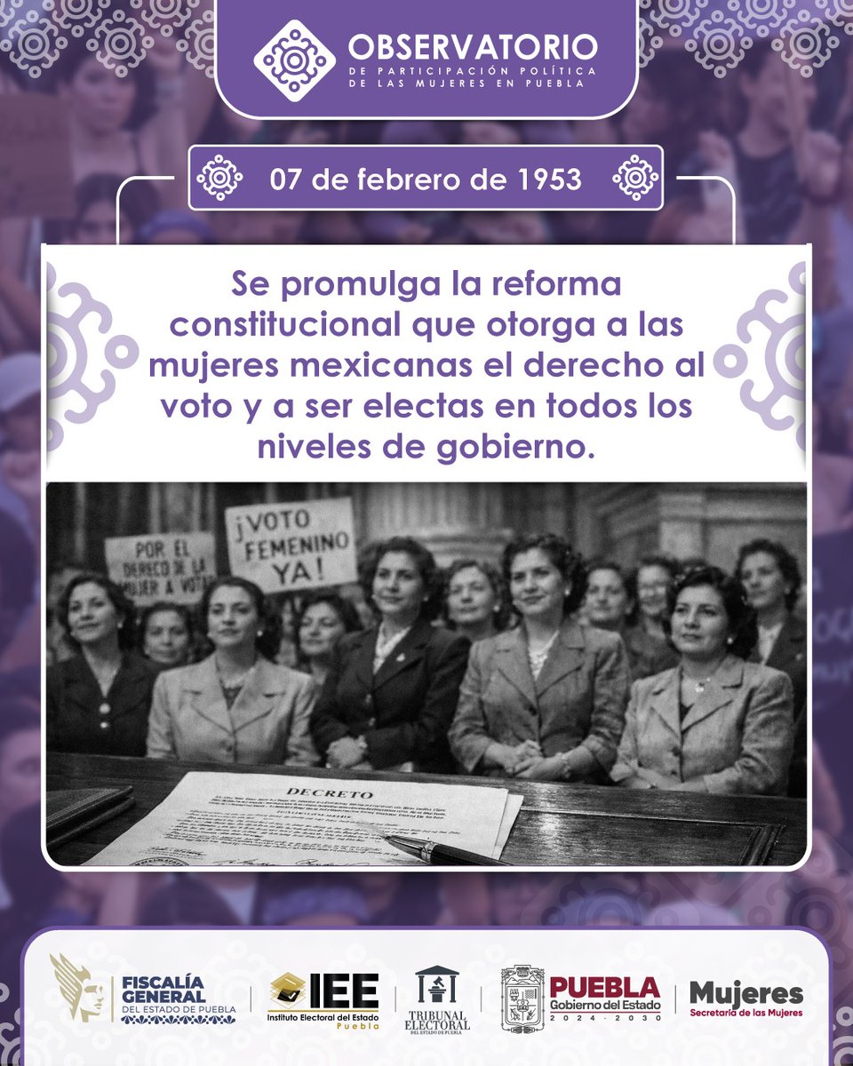 Se promulga la reforma constitucional que reconoce a las mujeres mexicanas el derecho al voto y a ser electas en todos los niveles de gobierno, consolidando su participación política plena.
#DerechosPolíticos #VotoFemenino #ParticipaciónPolítica