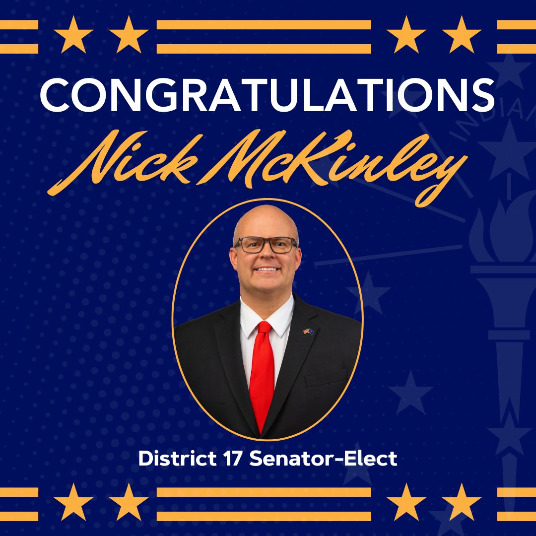 indgop's tweet photo. Congratulations Senator-elect Nick McKinley!

“I am deeply heartened by the enthusiasm of Senator-elect McKinley's neighbors to see him represent them in the State Senate, and I look forward to working side by side to advance the cause of freedom and prosperity in Indiana." - Chairwoman Lana Keesling