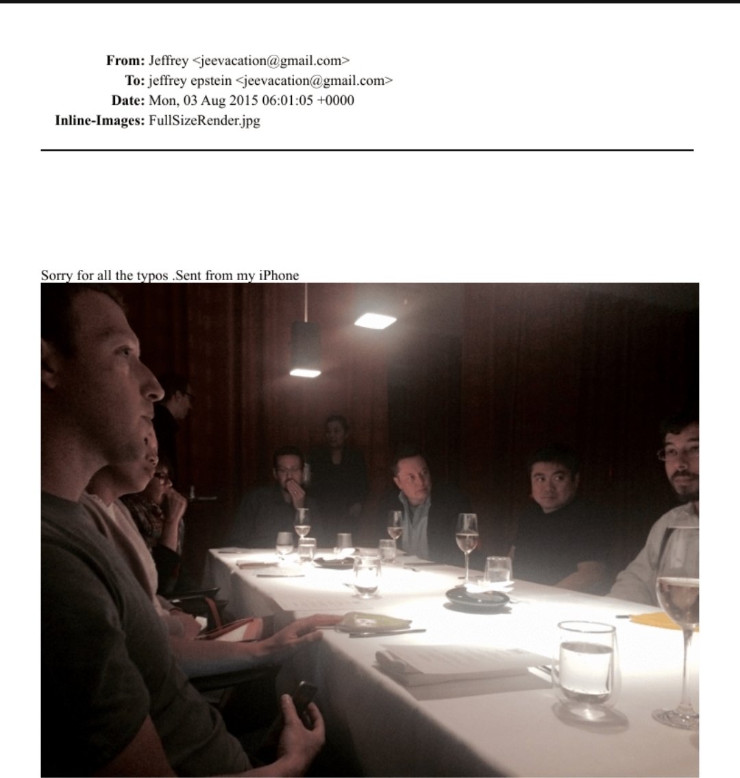 P_Kallioniemi's tweet image. Mark Zuckerberg and Elon Musk dining with pedophile sex trafficker Epstein in 2015.

Epstein was convicted in 2008 of procuring a child for prostitution and of soliciting a prostitute.

None of this seemed to bother the tech billionaires at the time.