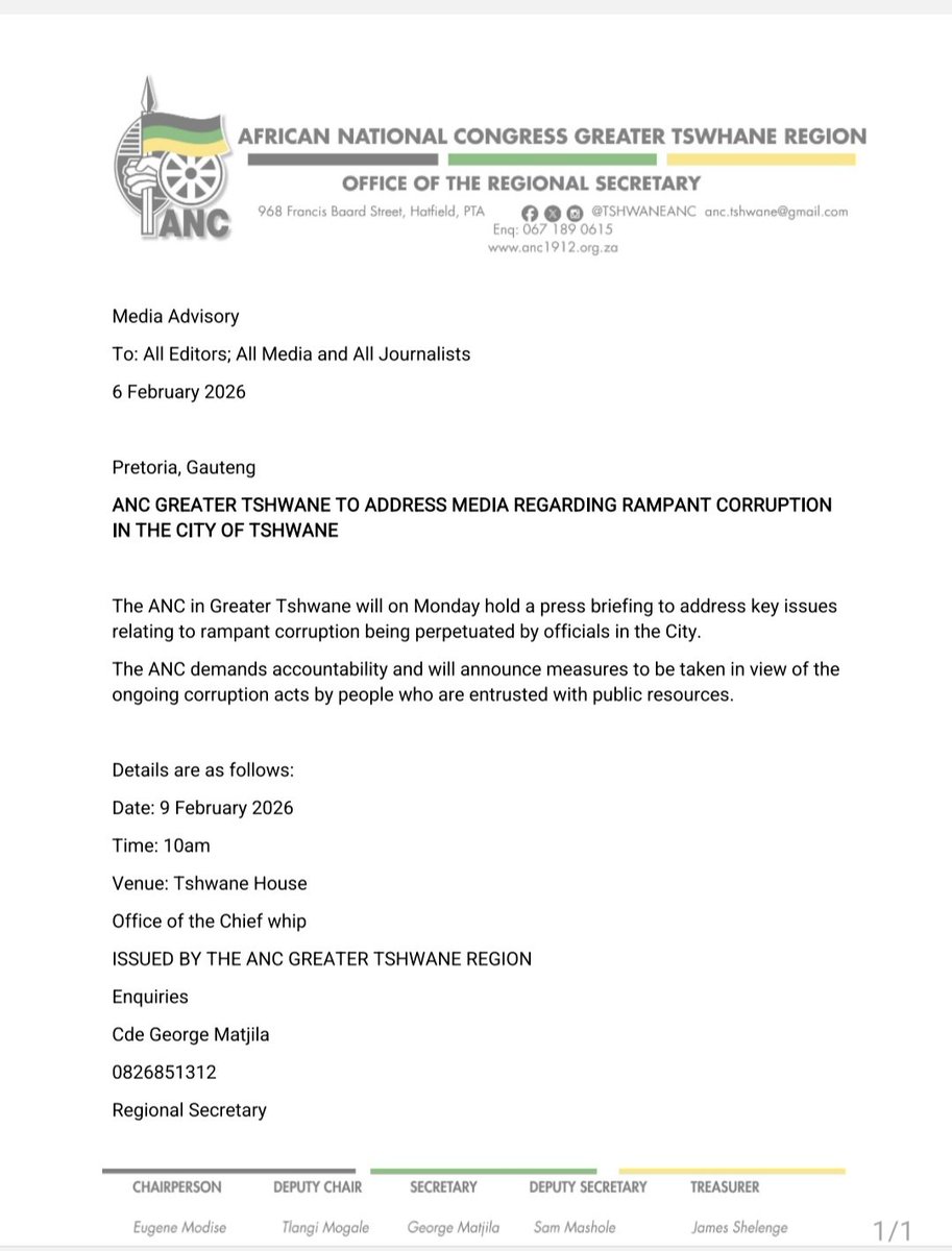 JordiGriff's tweet image. 🚨🚨🚨!! Tshwane ANC intends to hold a press briefing about corruption in the city. Notably it doesnt involve the ActionSA Mayor? Will they accuse her? This directly undermines her, but there is nothing she can do, she serves at their pleasure. But the ANC has a big problem...