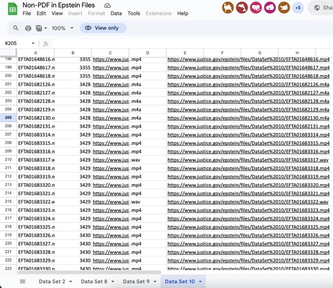 🚨⚡️ BREAKING: A Reddit user has created a spreadsheet cataloging all video, audio, and other non-PDF files in the United States Department of Justice Epstein data sets