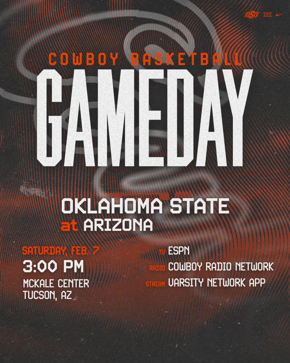 It's on in Tucson

🆚 #1 Arizona
⏰ 3 p.m. CT
📺 ESPN
📻 Varsity Network app
📈 okstate.statbroadcast.com