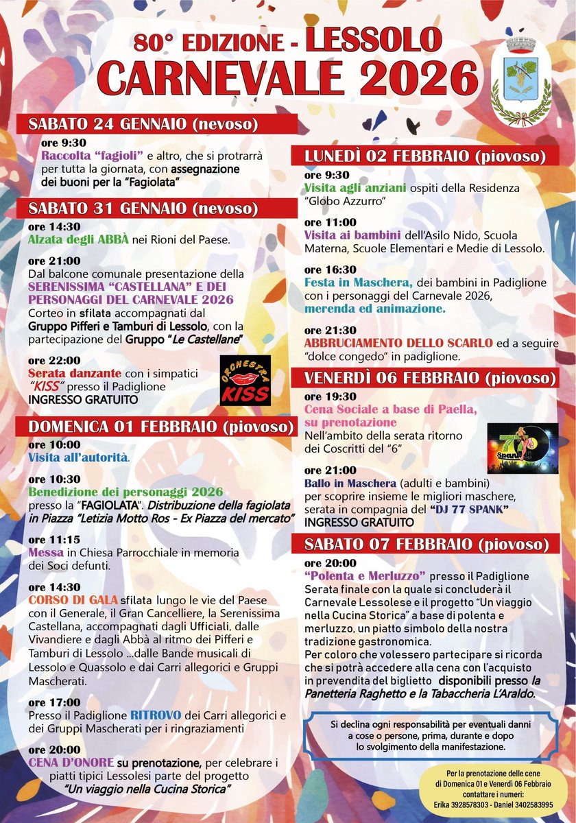 CanaveseToday's tweet photo. 🎉 Il Carnevale 2026 di Lessolo sta arrivando! Pronti a vivere la tradizionale festa con maschere, musica e divertimento? Scopri tutto il programma su @CanaveseToday. 👉 https://t.co/ogj1GP75dE #Lessolo #Carnevale2026

#CarnevaleLessolo ... https://t.co/o4l9SHuWZR