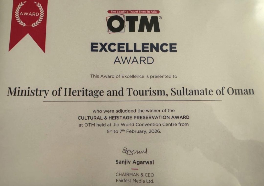 MabRaisi's tweet photo. Congratulations to the Ministry of Heritage and Tourism of the Sultanate of Oman Pavilion on winning the Cultural &amp; Heritage Preservation AWARD of Excellence at #OTMExhibition2026 Mumbai
#VisitOman #CulturalHeritage #TourismExcellence https://t.co/MumgMfAkD4