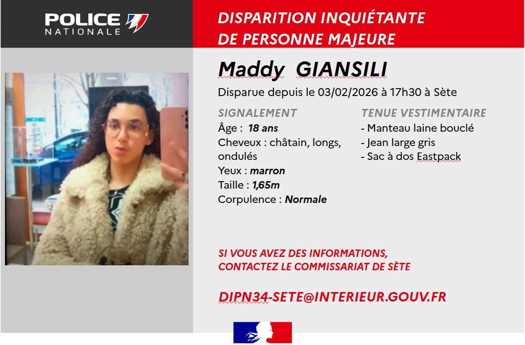 Une jeune femme de 18 ans a disparu à Frontignan mardi après-midi.

Maddy Giansili, 18 ans, a été vue pour la dernière fois devant une boulangerie. Selon son père, elle serait sortie chercher du pain sans prendre son sac à main ni ses papiers. Sa carte bancaire, son téléphone et