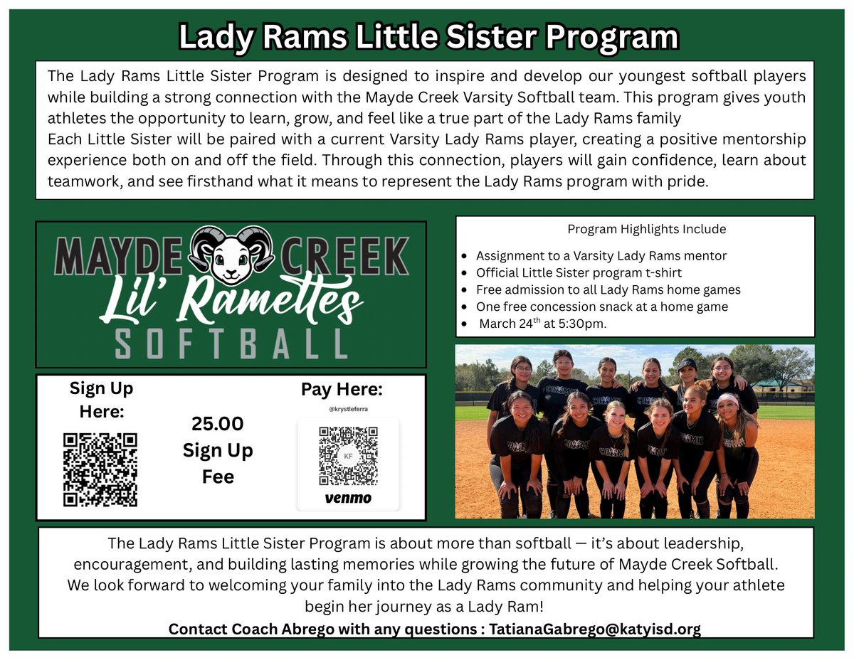 Join our Softball Little Sister Program and be part of the Ram family! 🐏🥎
This is a great opportunity for our future athletes to connect with our high school players, build confidence, and feel inspired by the next level.
We can’t wait to welcome the next generation of Rams! 💚