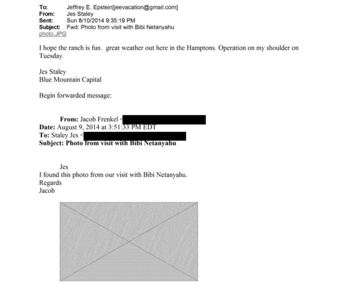 BREAKING: The Department of Justice under Pam Bondi redacted an image showing Benjamin Netanyahu photographed with Jeffrey Epstein from one of Epstein’s emails.