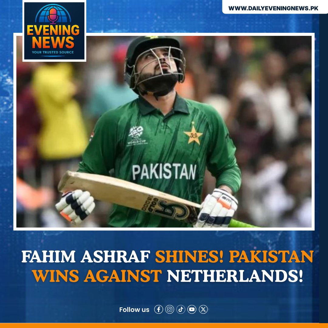 d_evening_news's tweet image. Fahim Ashraf - turns the game around! Unbeaten 29* secures Pakistan’s thrilling 3-wicket win vs Netherlands 🇵🇰

dailyeveningnews.pk/fahim-ashraf-s…

#FahimAshraf #T20WorldCup