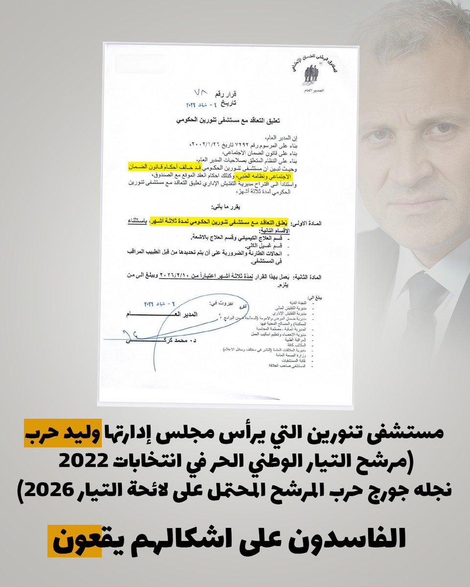 بالدور يا شباب! بالدور يا فاسدين! بالدور يا تلاميذ جامعة جبران باسيل ، كلّو جايي دور ورح يتحاسب
الضمان يكشف غشاً في ممارسة مهنة الطب مارسه مرشح التيار الوطني الحر الى جانب النائب جبران باسيل في ٢٠٢٢ د.وليد حرب ونجله المرشح المحتمل على لائحة باسيل في ٢٠٢٦ د.جورج حرب 
#تيار_الفساد