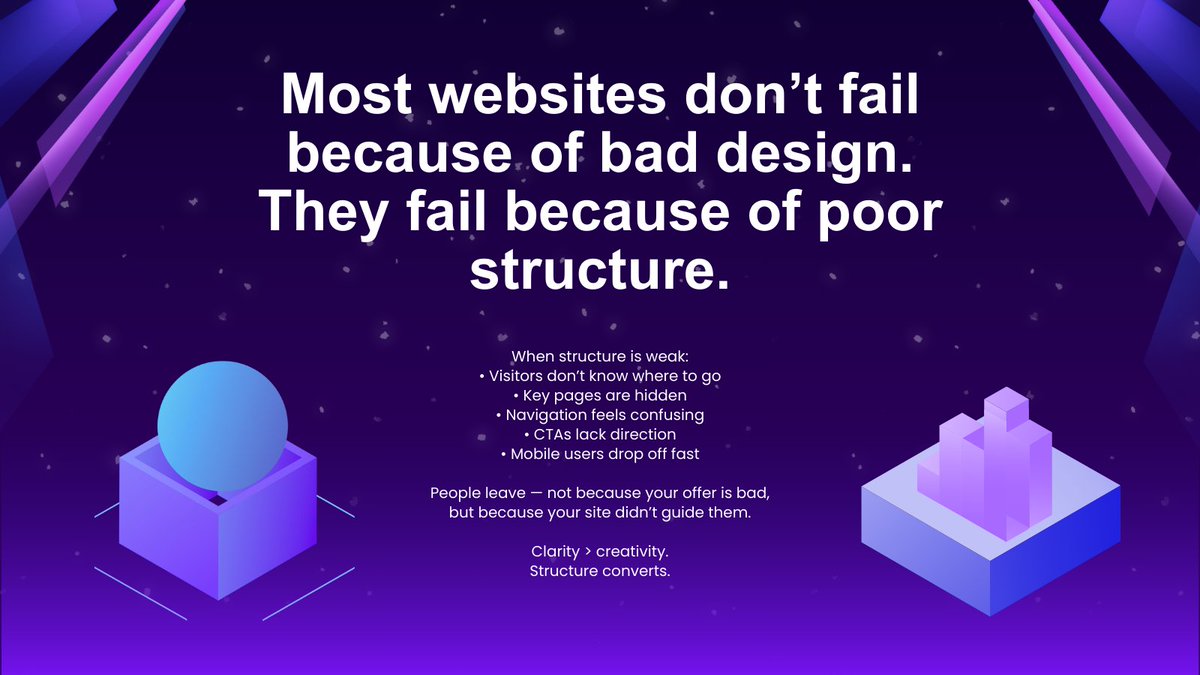 mdshamir_'s tweet photo. Most websites don’t fail because of design.
They fail because of structure.

When structure is weak:
• Visitors get lost
• Pages are hard to find
• CTAs lack direction
• Mobile users drop off

People leave — not because your offer is bad. https://t.co/wTyKvdjvtj