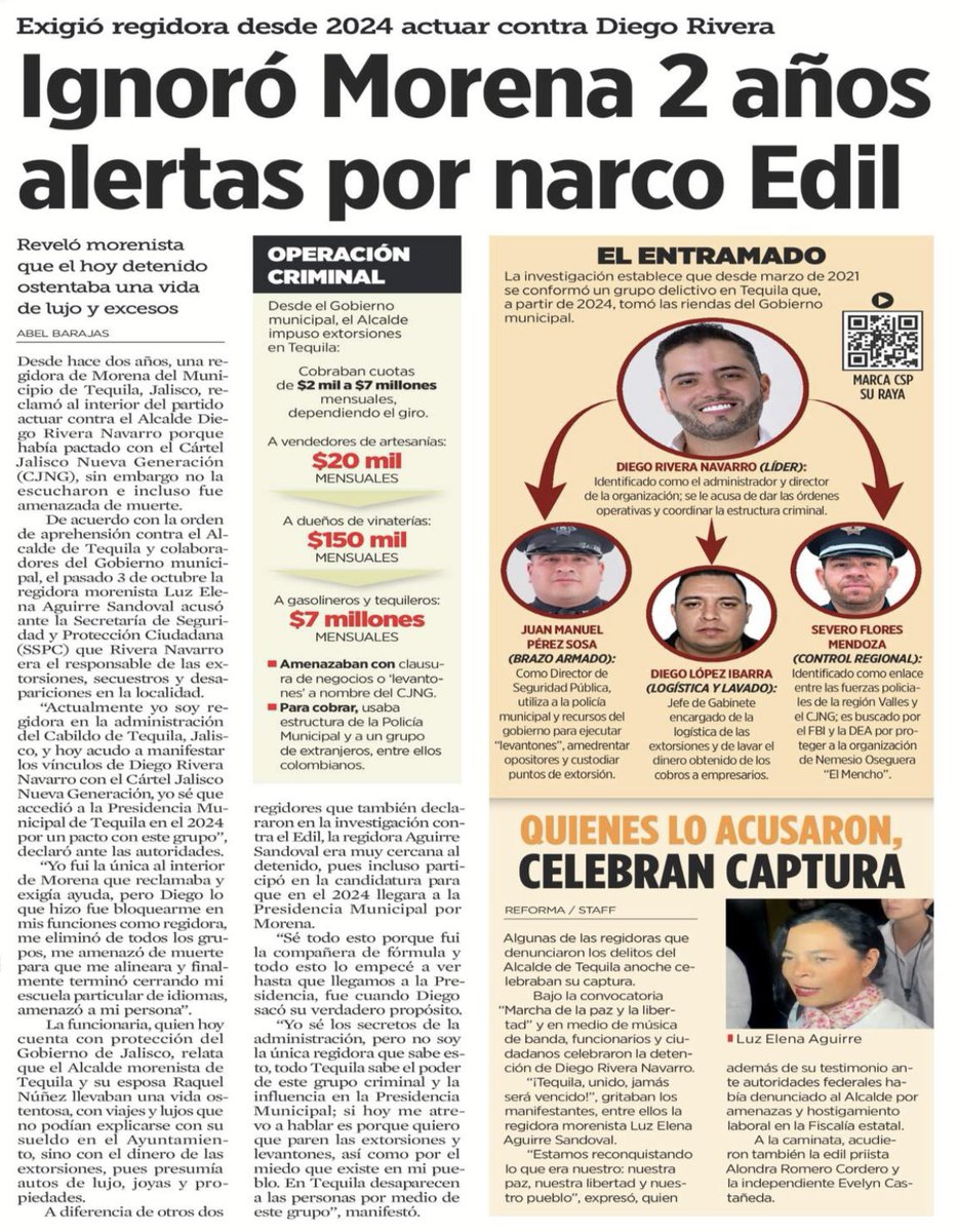 Erika_Velasco_'s tweet image. Esto debería ser un escándalo. Desde hace 2 años una regidora de Morena de Tequila, Jalisco, informó al partido que el alcalde Diego Rivera había pactado con el CJNG. En 2024, Mario Delgado era líder nacional de Morena. AMLO todavía estaba Presidente. Mientras, Claudia Sheinbaum…