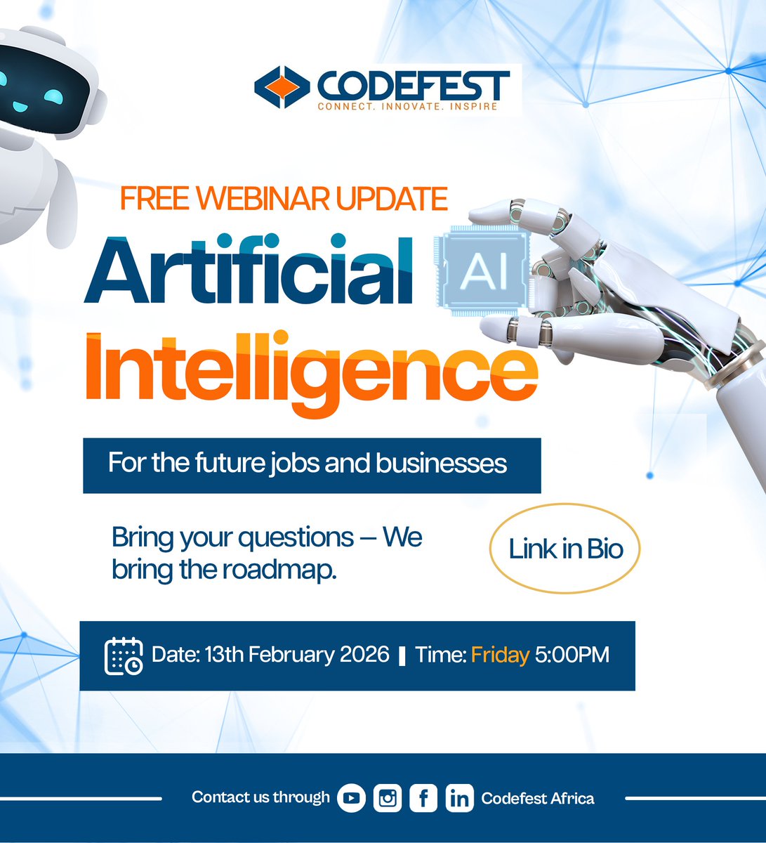CodefestNGHack's tweet photo. FREE WEBINAR ALERT

Artificial Intelligence for Future Jobs &amp; Businesses
From Beginner to Certified in 90 Days

Join us Friday | 5 PM
Bring your questions — we bring the roadmap.

Secure your seat now. Link in bio.

#Codefest #AI #FutureJobs #DigitalSkills #TechNigeria https://t.co/ald195wOZi