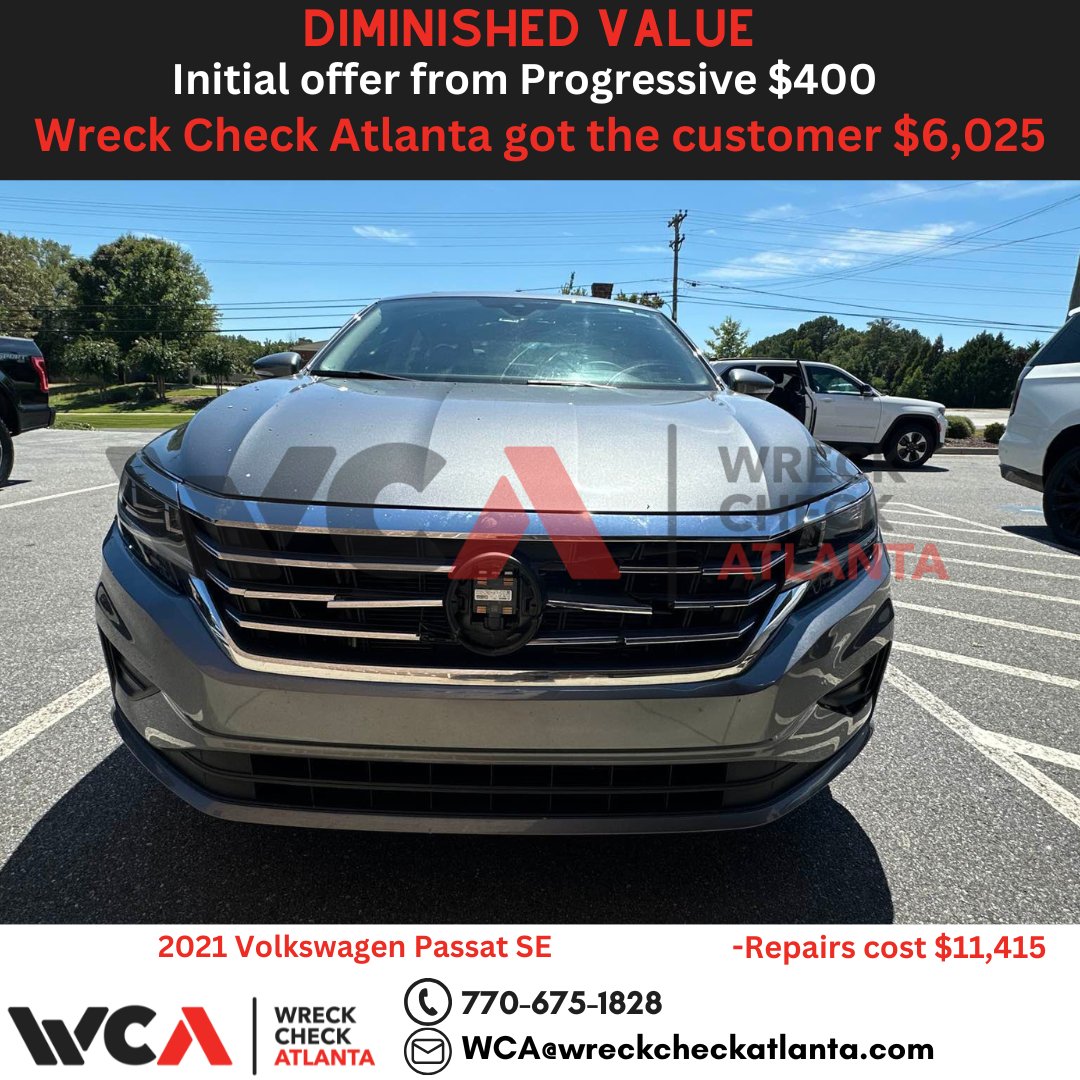 WreckCheckAtl's tweet image. 2021 VW Passat SE, 36k miles, $11,415 in repairs. Progressive offered ~$400 DV. The client used the appraisal clause. After negotiation + umpire, final DV award: $6,025. Know your rights. We advocate for you. 🚗💪 
#diminishedvalue #wreckcheckatlanta #caraccident