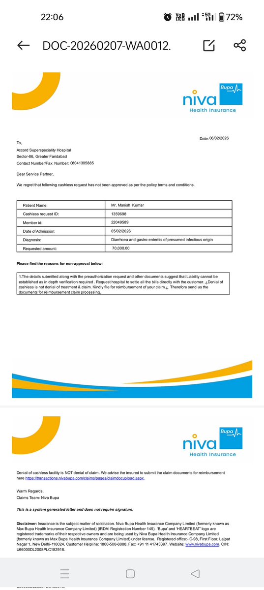 swasavana's tweet image. @NivaBupaHealth  has denied the cashless claim for Claim id: 13596
 without any valid reason. This is a serious concern &amp;amp; a pure case of cheating. Authorities  must intervene. @IRDAI_Official @IGMS_IRDAI @jagograhakjago @consaff @DFS_India @FinMinIndia @MoHFW_INDIA