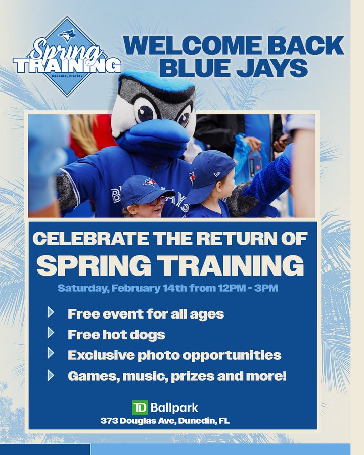 DunedinBlueJays's tweet photo. ONE WEEK AWAY🥳

Join us on February 14th to celebrate the return of your American League Champs to Dunedin! https://t.co/qbKNZ3tYwF