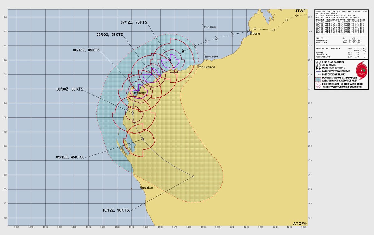 VortixWx's tweet image. #Mitchell is carrying on while posing a threat to the NW part of #WesternAustralia near Exmouth. Mitchell is getting hit by shear from the east so it hasn’t improved structurally but it’s not likely to weaken drastically given how the shear is still divergent.
#WAStorm #tropicswx