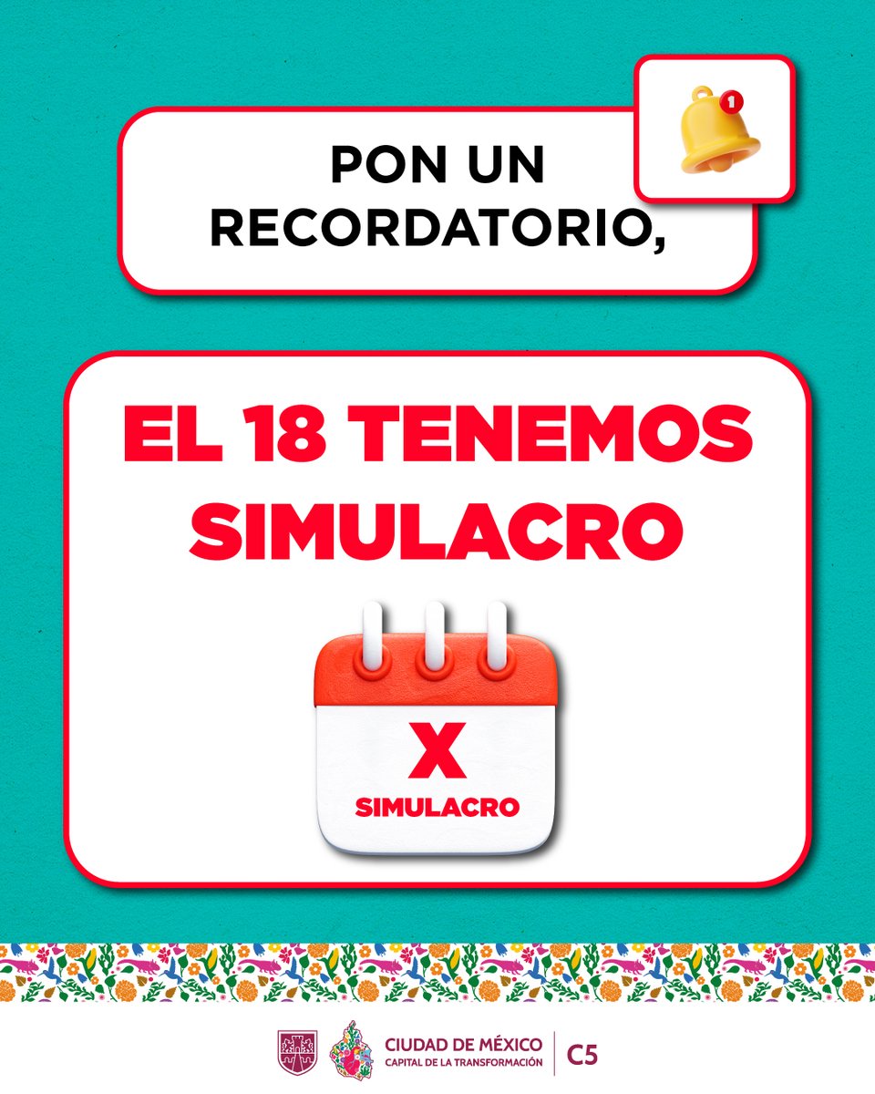 🔔 ¡SIMULACRO! 📝

🕚 Pon tu recordatorio y participa este 18 de febrero a las 11:00 h en el #PrimerSimulacro2026 por sismo 👥 Contamos contigo.

📹 #OjosDeLaCiudad
#C5CorazónDeLaCDMX
