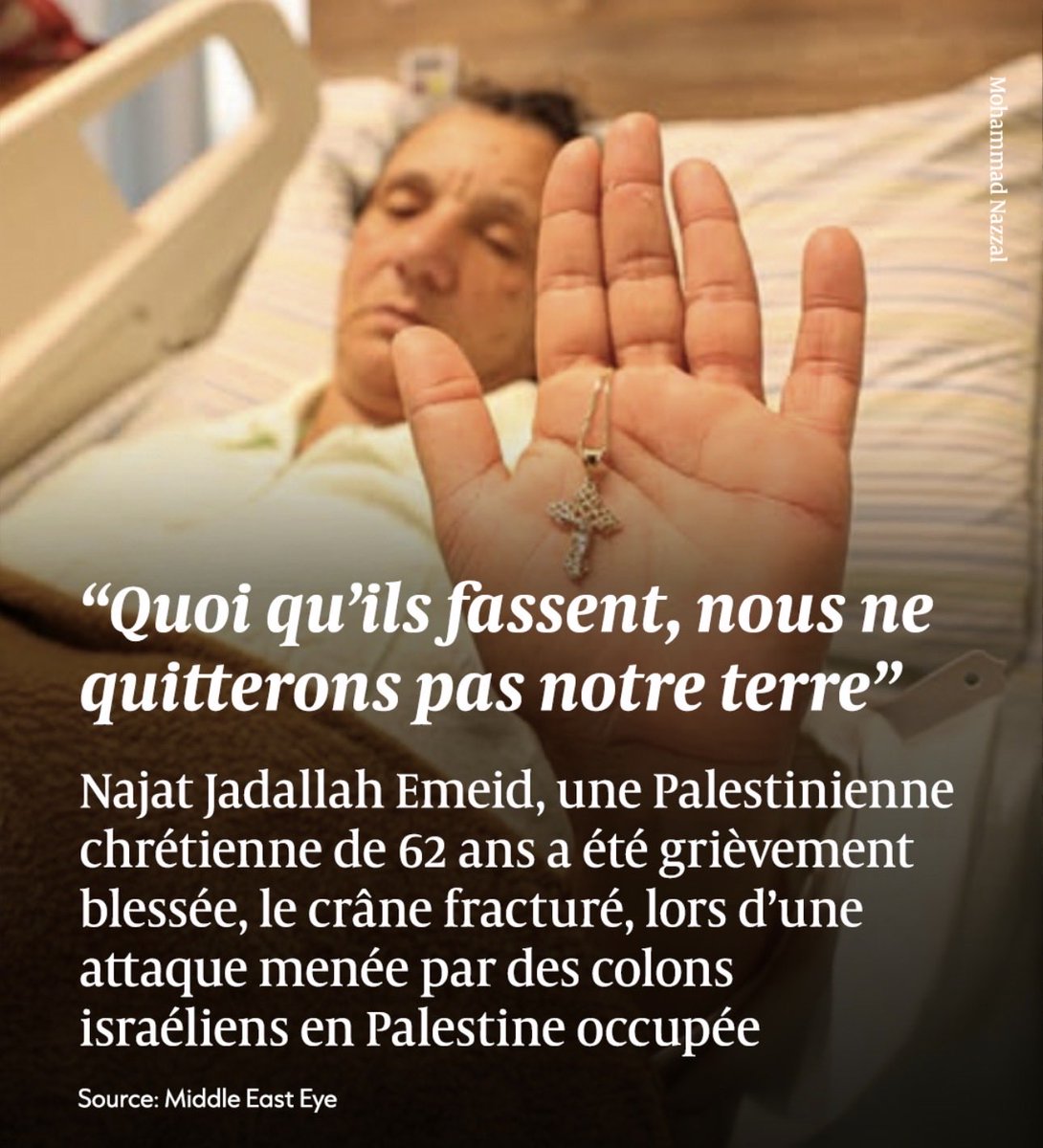 Une femme palestinienne de confession chrétienne de 62 ans a été admise en soins intensifs après avoir été agressée et frappée à la tête par des colons israéliens.