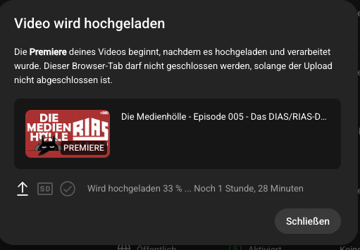 medienmagazin's tweet photo. Die #Medienhölle 005 ist im Upload. Ein Drittel ist auf dem YouTube-Server. Aber es dauert noch rund anderthalb Stunden. Bis ca. 19:15. Bitte Geduld. Es gibt dafür ein dickes Dossier zum #DIAS/#RIAS-Jubiläum heute. https://t.co/CeRZNEFW6l https://t.co/uNrV6nVCvv