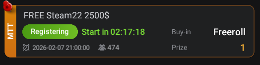 ⏳ 2 HOURS LEFT until the $2,500 Steam22 poker tournament starts 🔥♠️

If you still want in — it’s super simple:
✅ Step 1: Join Discord: discord.com/invite/xh4CHSq…
✅ Step 2: Register here: steam22.io/poker
✅ Step 3: Use my referral code: 2017zl

🎁 Bonus: if you register