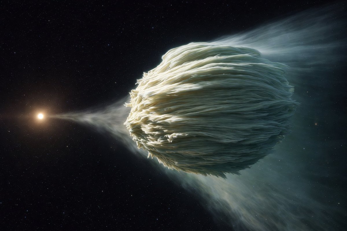 Ammar1176708's tweet photo. 🚨BREAKING 3I/ATLAS🚨The Most Realistic View Ever of 3I/ATLAS — An Interstellar Comet Under Solar Fire
NEW IMAGE: https://t.co/oEEKZm0SkC

What you’re looking at is not just a beautiful space image.
It’s a moment of contact.
3I/ATLAS, the third confirmed interstellar object ever detected, is captured here in its most extreme phase: approaching perihelion, facing the Sun, shedding material that formed around another star long before our solar system existed.

This is as real as interstellar astronomy gets.

A visitor from beyond our Sun

3I/ATLAS did not originate here. Its speed and hyperbolic trajectory made that clear almost immediately after discovery. This object is not bound to the Sun. It is passing through—once—and will never return.

That alone makes it historic.

But what truly sets 3I/ATLAS apart is how it reacted when it encountered our star.

The moment the Sun took control

As the comet approached perihelion at roughly 1.4 AU, solar radiation began to dominate everything:

• Subsurface ices started to heat
• Volatiles rapidly sublimated
• Gas erupted outward, dragging dust with it
• The coma thickened and brightened
• The tail stretched and aligned away from the Sun

In the new visual, the Sun is small and distant, yet its influence is overwhelming. The comet’s surface appears layered, fibrous, and sculpted, shaped by continuous outgassing rather than violent breakup.
This is not an explosion.
This is controlled erosion by stellar energy.
A living, rotating body — not a dead rock
Observations during this phase revealed variable jets and changing structures, a clear sign that 3I/ATLAS is rotating. As different regions of the nucleus face the Sun, activity turns on and off, creating shifting streams of material.
That matters.

It tells us the surface is:
• Heterogeneous
• Thermally responsive
• Actively reshaped by heat

These jets also introduce non-gravitational forces, tiny thrusts that subtly modify the comet’s motion. Even in deep space, physics leaves fingerprints.
What global observations revealed

Rapid-response observations from around the world, including Japanese spectrophotometric studies published through PASJ, focused on the comet’s dust properties and activity profile.

The results point to something important:

3I/ATLAS behaves like a comet,
but not exactly like our comets.

Its dust color, brightness evolution, and activity patterns suggest a different formation environment, shaped in another planetary system under another star.
This is why interstellar comets matter.
They are comparisons made real.
Why this image matters

This visual is powerful because it aligns with the physics:

• Sun positioned as the energy source
• Comet centered to reveal structure
• Flowing material tracing solar interaction
• No exaggeration, no fantasy explosions

It shows process, not drama.

What you’re seeing is interstellar material being tested by our Sun for the first time.

After perihelion
3I/ATLAS survived its solar encounter.

It did not fragment catastrophically.
It continued outward, eventually passing its closest point to Earth at a vast, safe distance, carrying with it the thermal memory of this encounter.

Now it is leaving back to interstellar space.

What remains is data, imagery, and one of the most valuable natural experiments astronomy can get.

Why 3I/ATLAS changes how we see the galaxy

Interstellar comets answer questions we cannot test any other way:

• Are comet-forming processes universal?
• Does dust chemistry vary between star systems?
• How does alien material respond to solar radiation?
3I/ATLAS didn’t just pass through our system.
It connected two stellar environments.
For a brief time, our Sun illuminated matter that was never meant to see it.
By Ammar A. https://t.co/O8uWWmbiJj

#3IATLAS #InterstellarComet #SpaceScience #Astronomy #Perihelion #CosmicVisitor #Astrophysics #SolarSystem #DeepSpace #SpaceTracker #trends #spacex #nasa