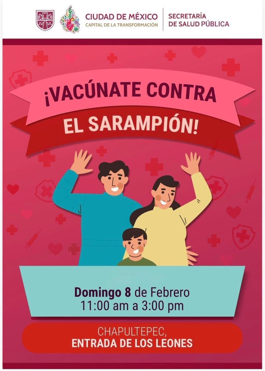 💉💉💉Información importante para tu salud.  

La vacuna es gratuita. 

Comparte con tu familia, seres queridos y vecinas para que tod@s nos vacunemos. 

#CapitalDeLaTransformación 
#Cuauhtemoc 
#sarampión