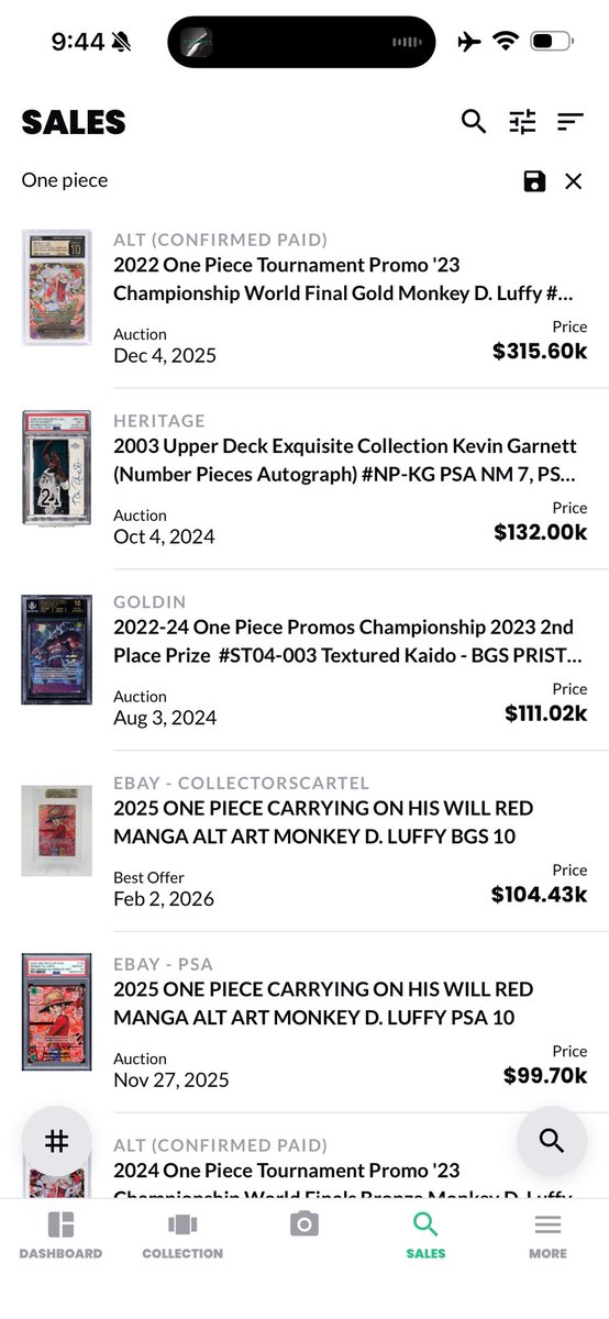 B1gRed22's tweet photo. @RobinWashut As someone who does cards. One piece is insane. One recently sold for 315k https://t.co/nnHB8hkQN7