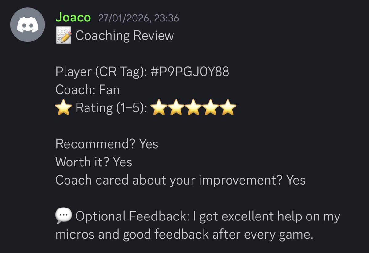 Another 5⭐ coaching session review.

Fan delivering quality coaching. 🙌🏻❤️

#ClashRoyale #RoyaleAcademy